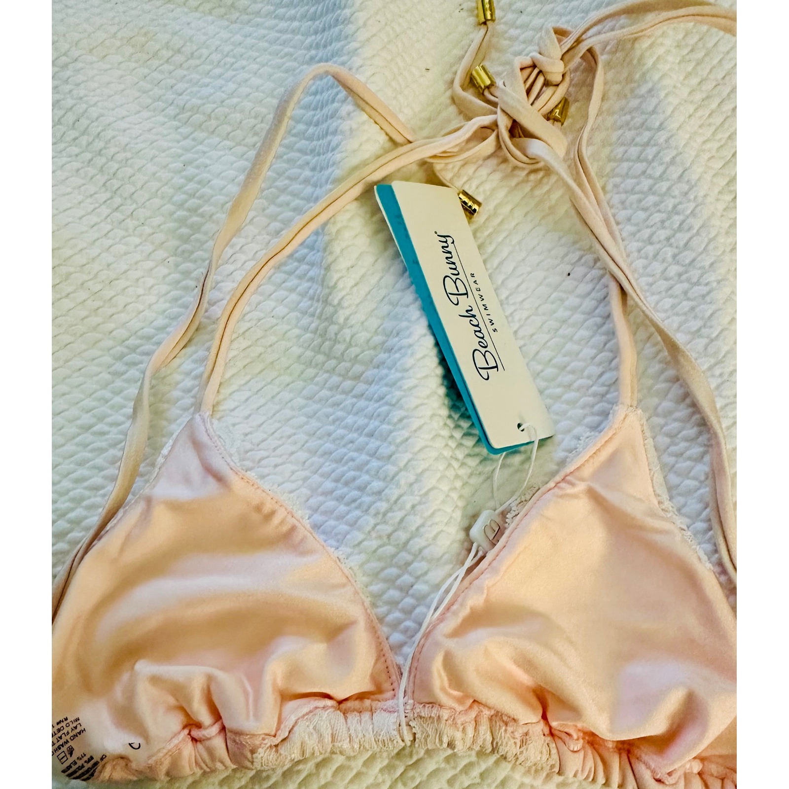 Beach Bunny Swimwear Pink Lace Trim Triangle Bikini Top New W/Tags Medium — image 7 of 8